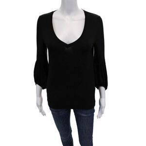 Piazza Sempione Womens Cotton Blend V-Neck Long Sleeve T-Shirt Top Black Size 40